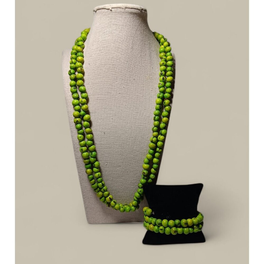 Green Acai Beads from South America 52" Necklace and Memory Wire Bracelet Set